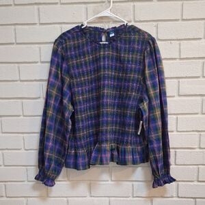 Old Navy Boho Multicolor Plaid Smocked Balloon Sleeve Top. Size XXL NWT